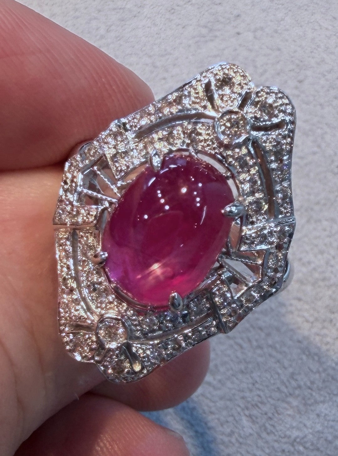 6.63ct Unheated Burma Cabochon Ruby & Diamond Platinum Ring GIA