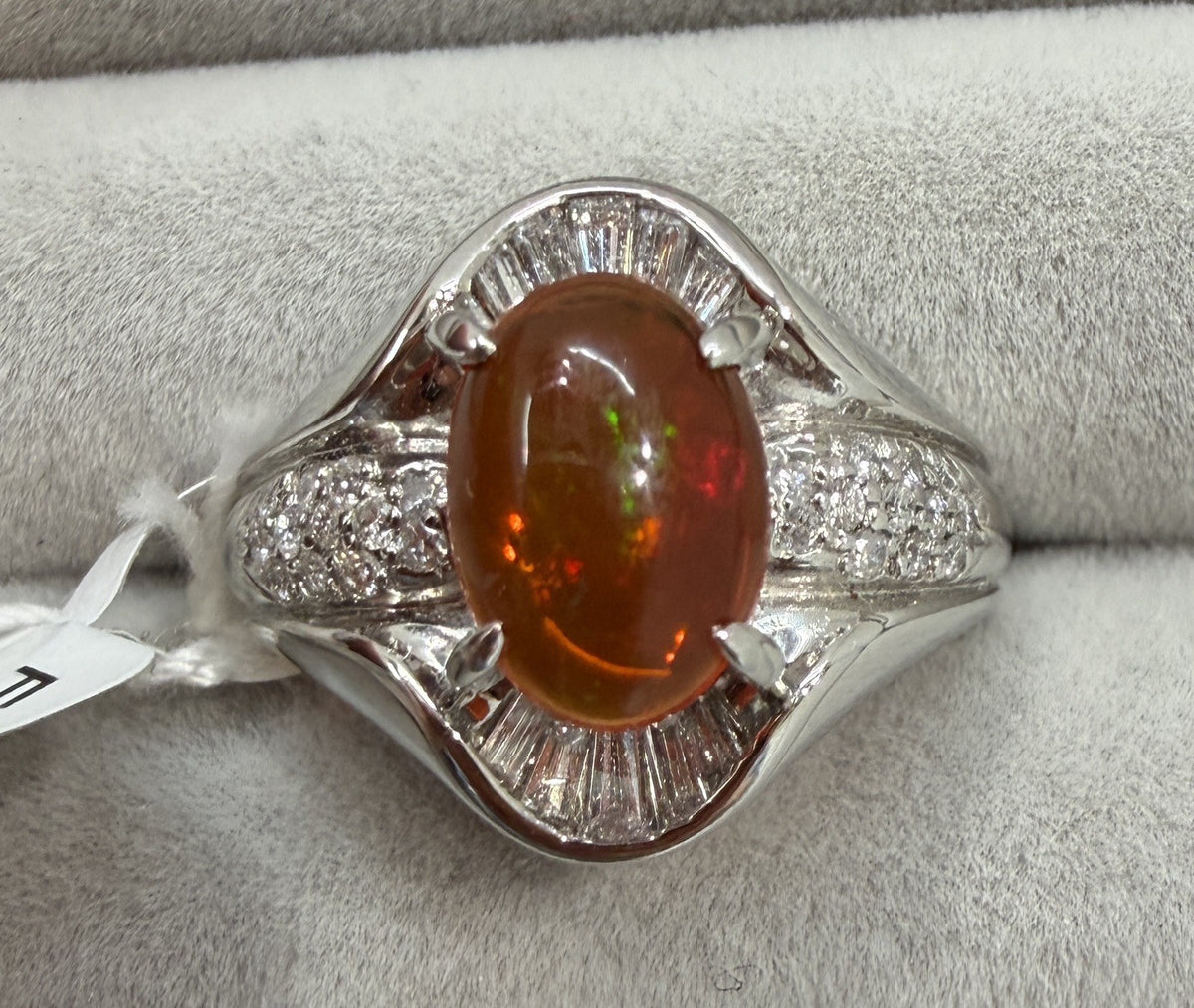 A Superb 1.25ct Mexican Fire Opal & Diamond Platinum Ring