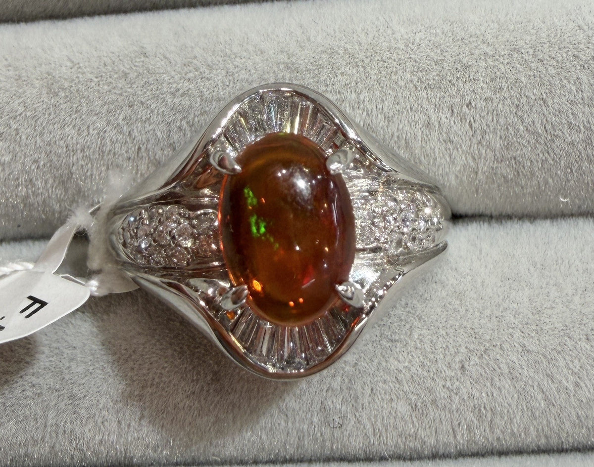 A Superb 1.25ct Mexican Fire Opal & Diamond Platinum Ring