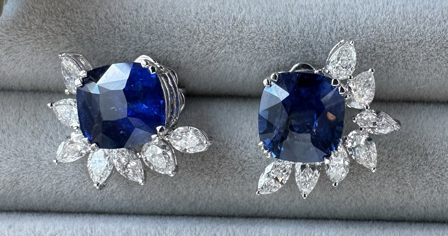 A Superb Pair Of 6.37ct Ceylon Blue Sapphire & Diamond 18k Earrings