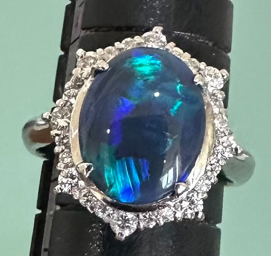 An Exquisite 2.35ct Australian Black Opal & Diamond Platinum Ring