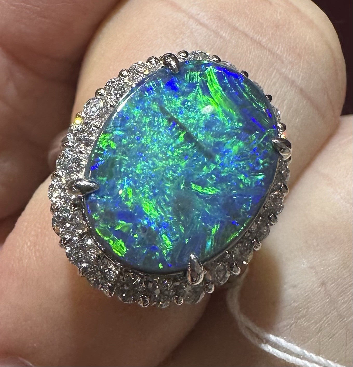A Magnificent 6.25ct Australian Black Opal & Diamond Platinum Ring