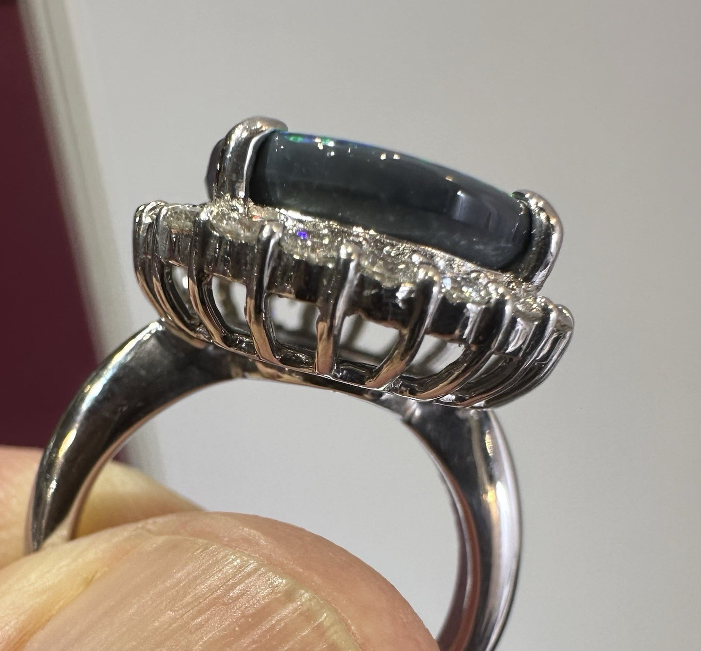 A Magnificent 6.25ct Australian Black Opal & Diamond Platinum Ring