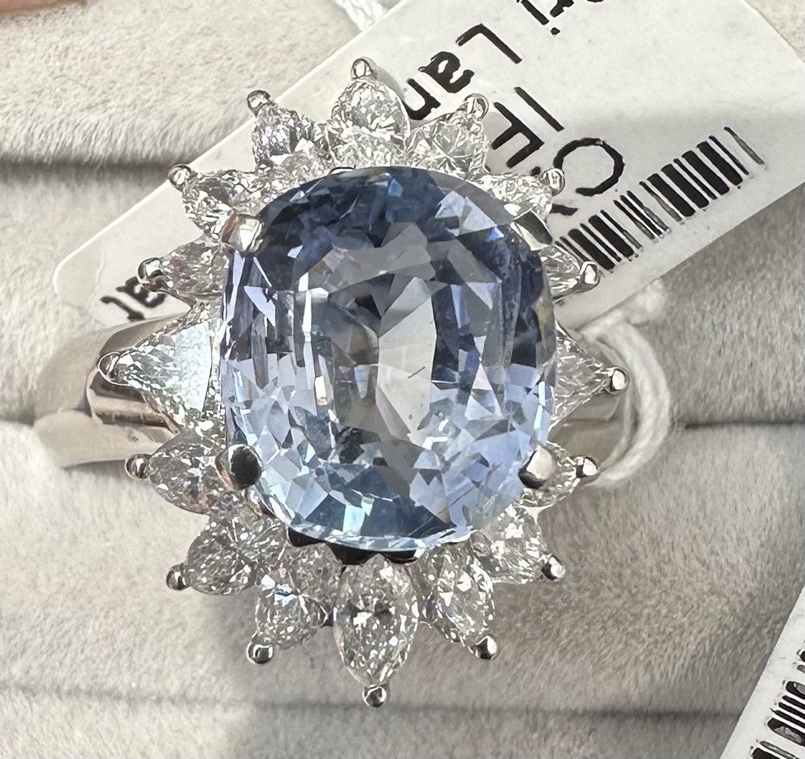 A Delightful 4.42ct Unheated Light Blue Sapphire Platinum & Diamond Ring GIA