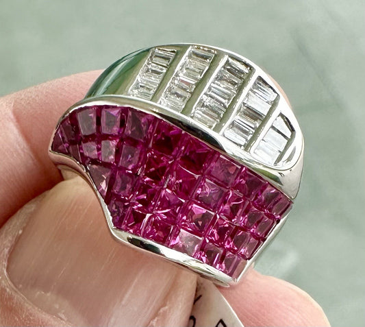 A Beautiful Invisible Set Burma Ruby & Diamond Platinum Ring