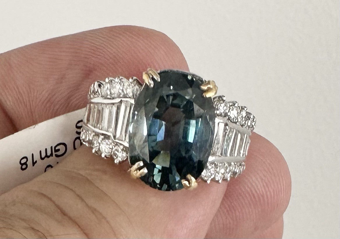 An Extraordinary 7.87ct Unheated Teal Sapphire & Diamond Platinum Ring AIGS Cert