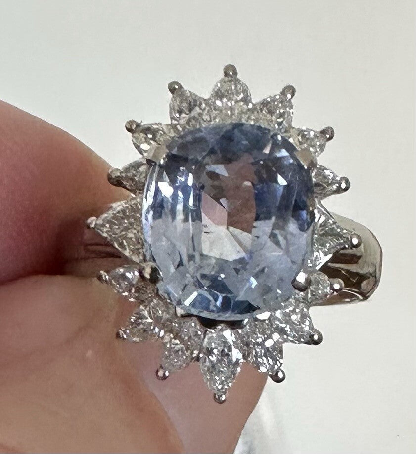 A Delightful 4.42ct Unheated Light Blue Sapphire Platinum & Diamond Ring GIA