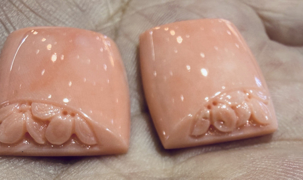 A Beautiful Pair of Carved Angel Skin Coral For Earrings