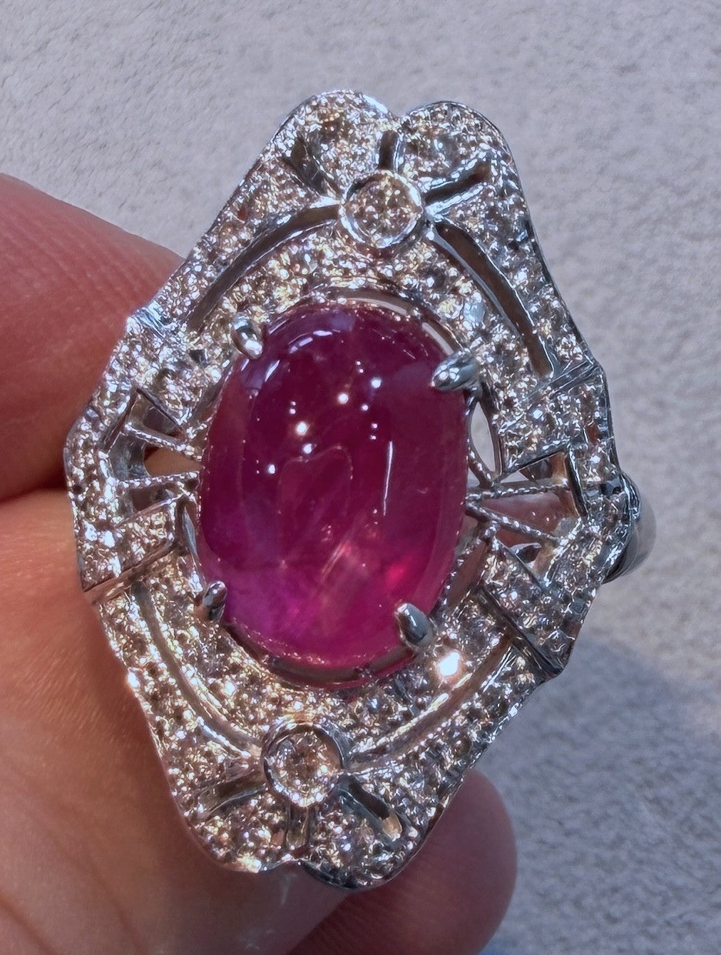 6.63ct Unheated Burma Cabochon Ruby & Diamond Platinum Ring GIA
