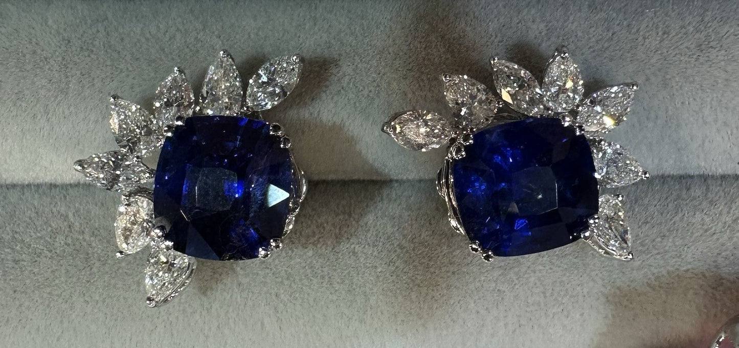 A Superb Pair Of 6.37ct Ceylon Blue Sapphire & Diamond 18k Earrings