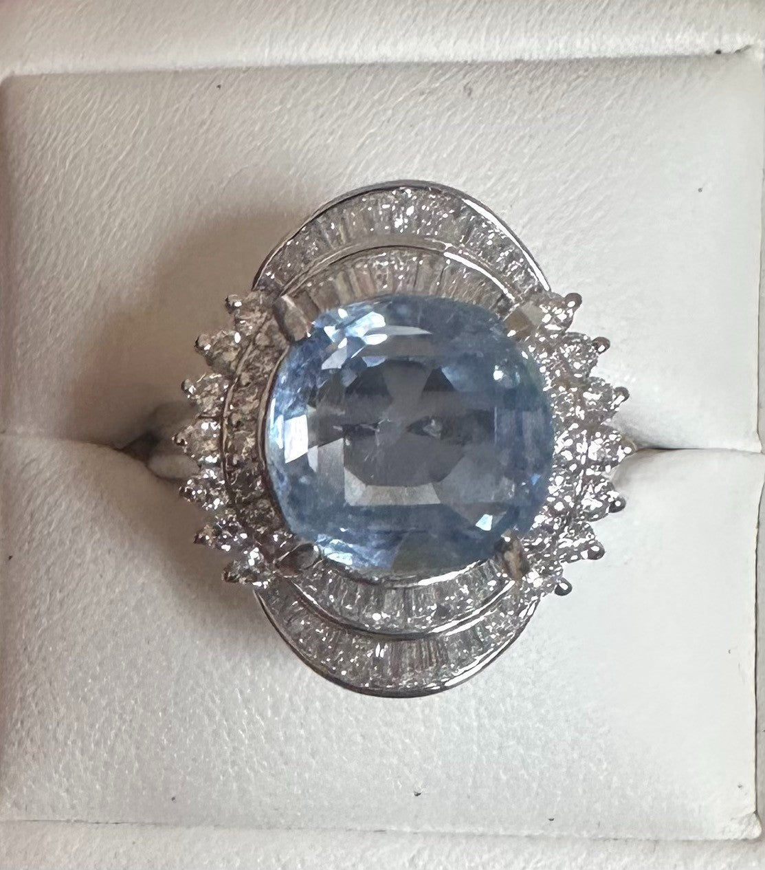 An Impressive Unheated 7.52ct Light Blue Sapphire Platinum & Diamond Ring
