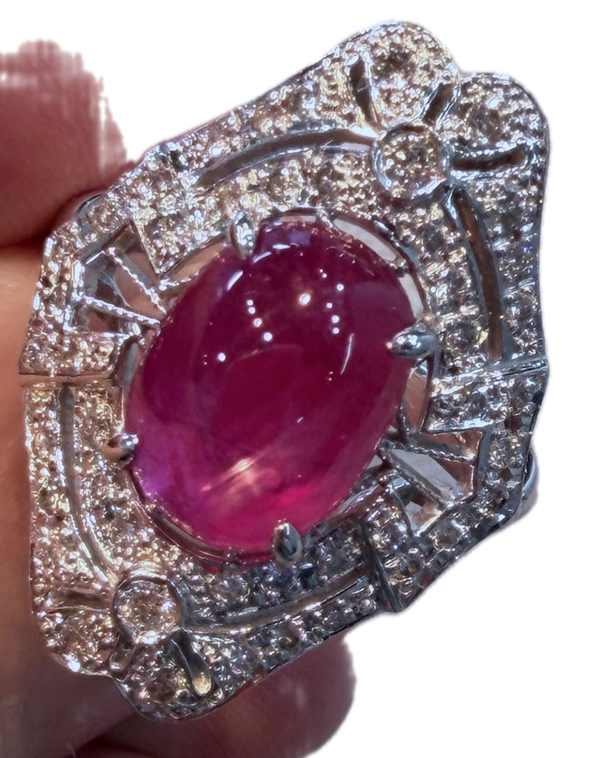 6.63ct Unheated Burma Cabochon Ruby & Diamond Platinum Ring GIA