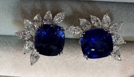 A Superb Pair Of 6.37ct Ceylon Blue Sapphire & Diamond 18k Earrings