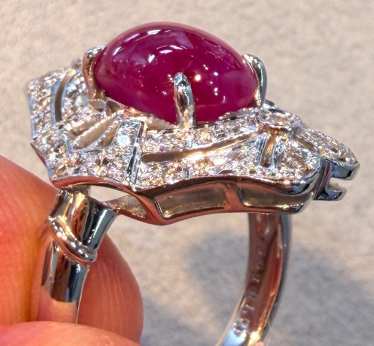 6.63ct Unheated Burma Cabochon Ruby & Diamond Platinum Ring GIA
