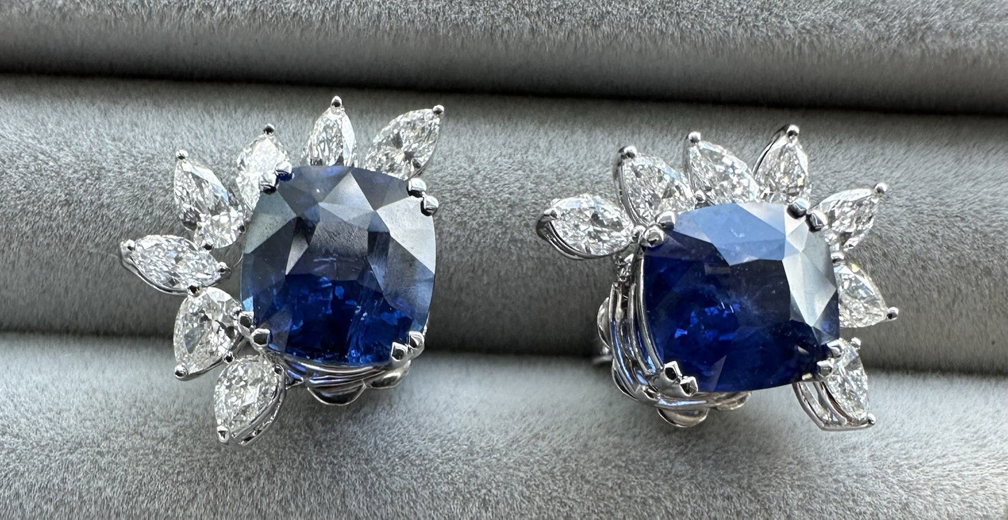 A Superb Pair Of 6.37ct Ceylon Blue Sapphire & Diamond 18k Earrings