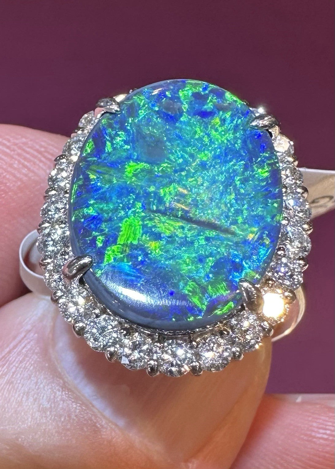 A Magnificent 6.25ct Australian Black Opal & Diamond Platinum Ring