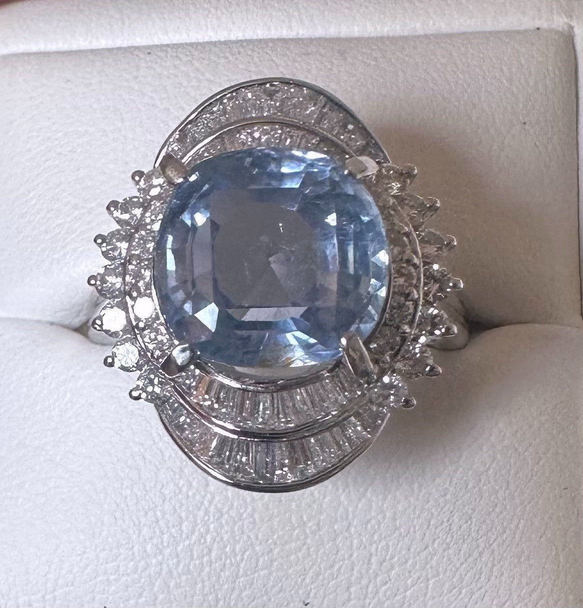 An Impressive Unheated 7.52ct Light Blue Sapphire Platinum & Diamond Ring