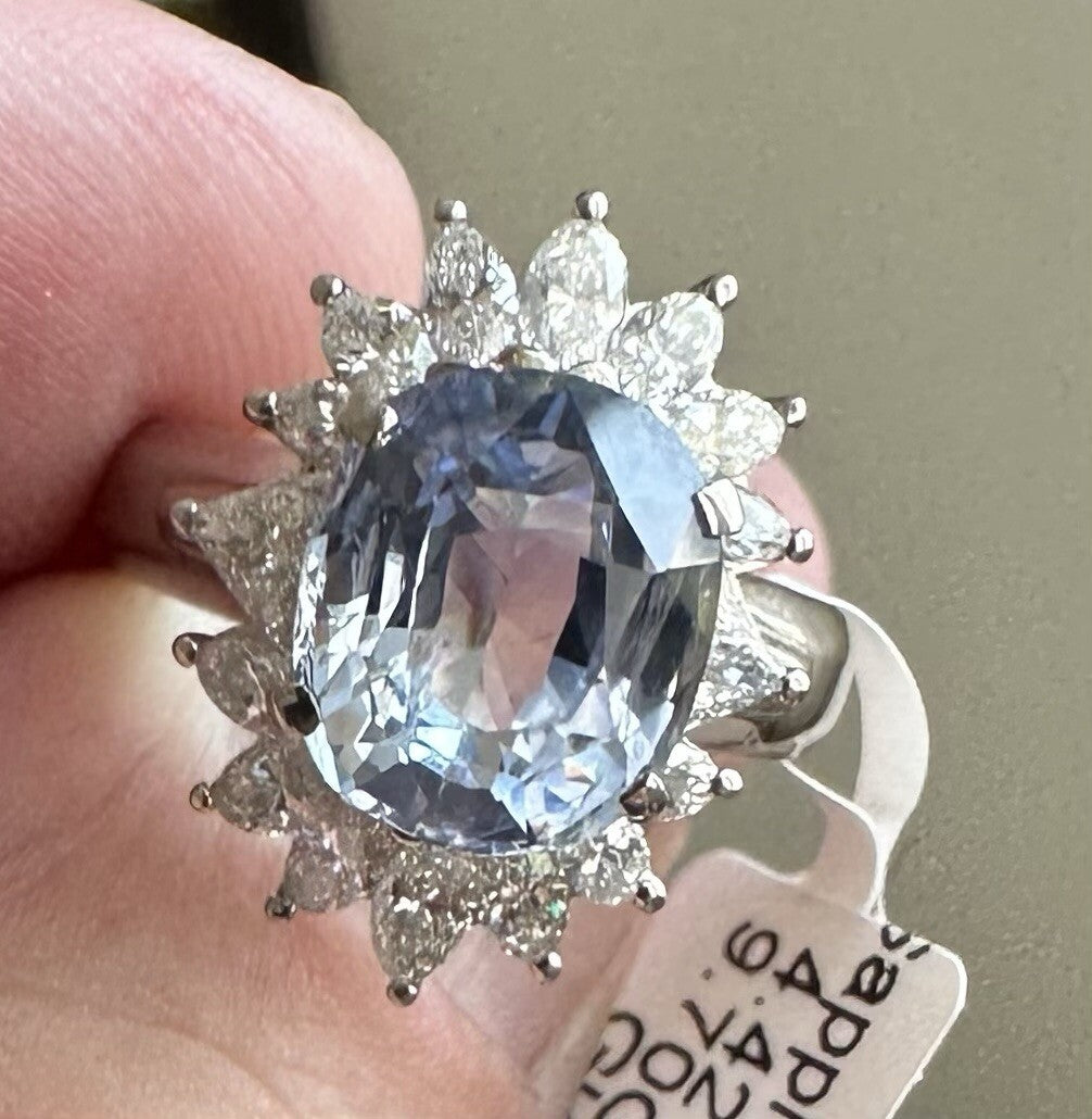A Delightful 4.42ct Unheated Light Blue Sapphire Platinum & Diamond Ring GIA